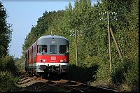 Das Bild mit 634 666 westlich von Ebsdorf vermittelt den typischen Charakter der Strecke: Telegrafenmasten, schnurgerades Gleis bis zum Horizont mit Bumen und Bschen auf beiden Seiten.